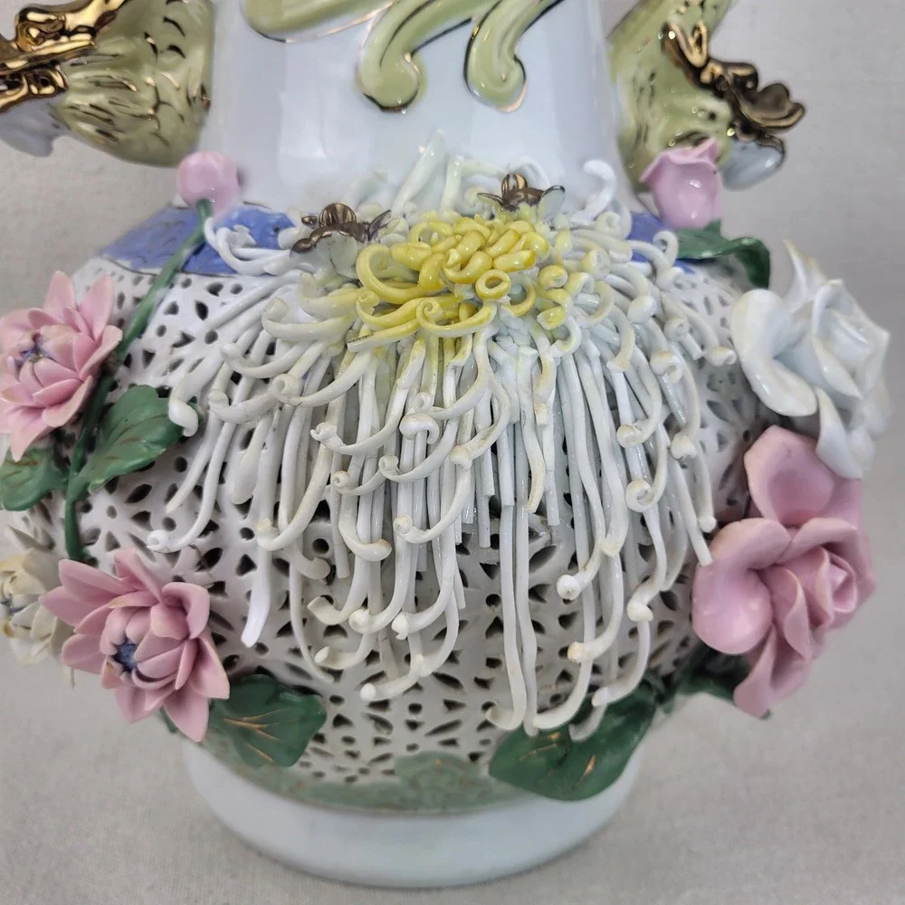 Vintage Large Porcelain Dragon Handle Reticulated Floral Vase Gold‎ Gilt 17 Inch
